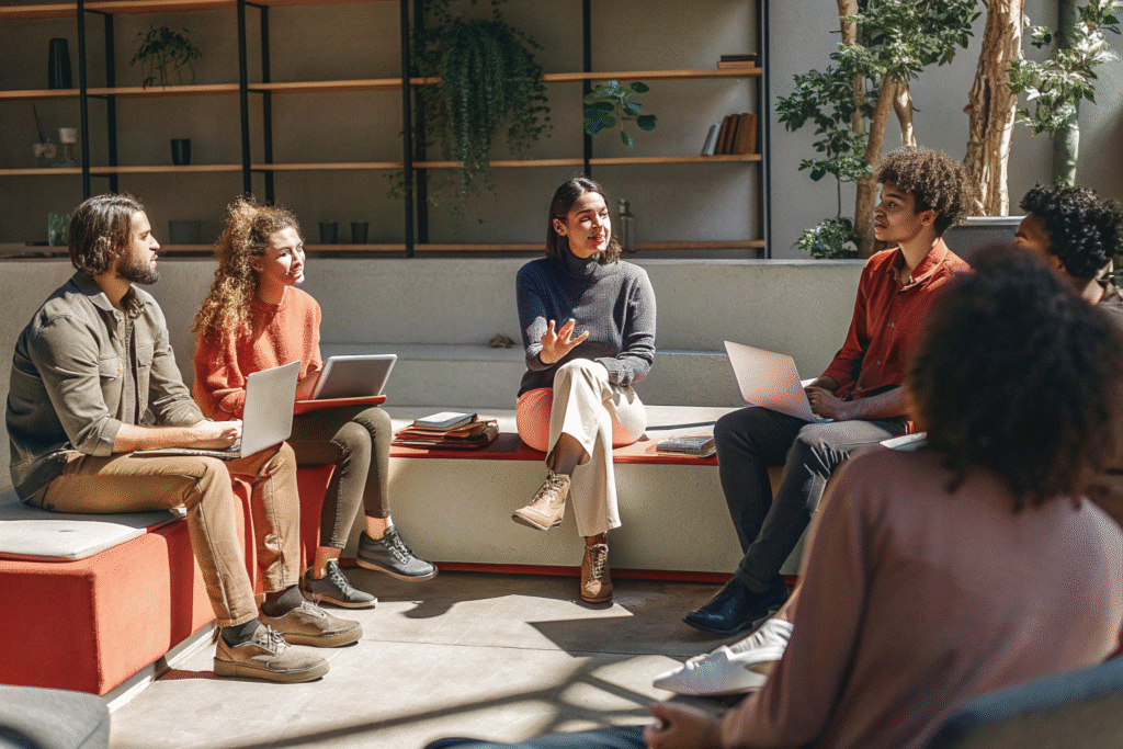 A team of specialists communicates and shares ideas during a meeting in an open office.