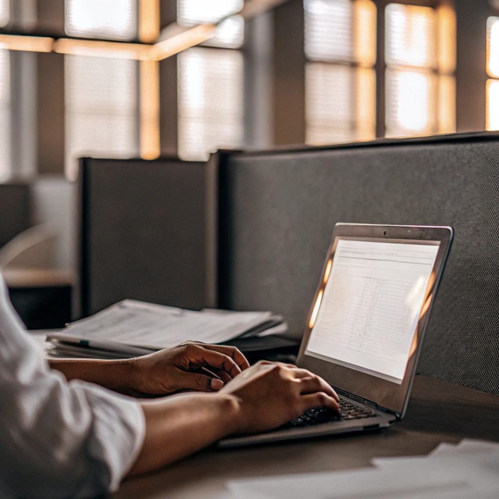 Person typing on a laptop in a modern office workspace, with documents on the desk and warm ambient lighting in the background.