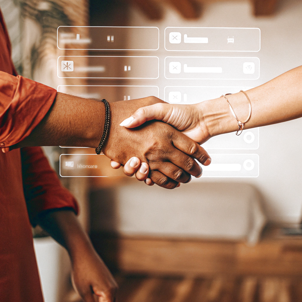 Shaking hands through a transparent digital interface as a symbol of honest interaction and accountability.