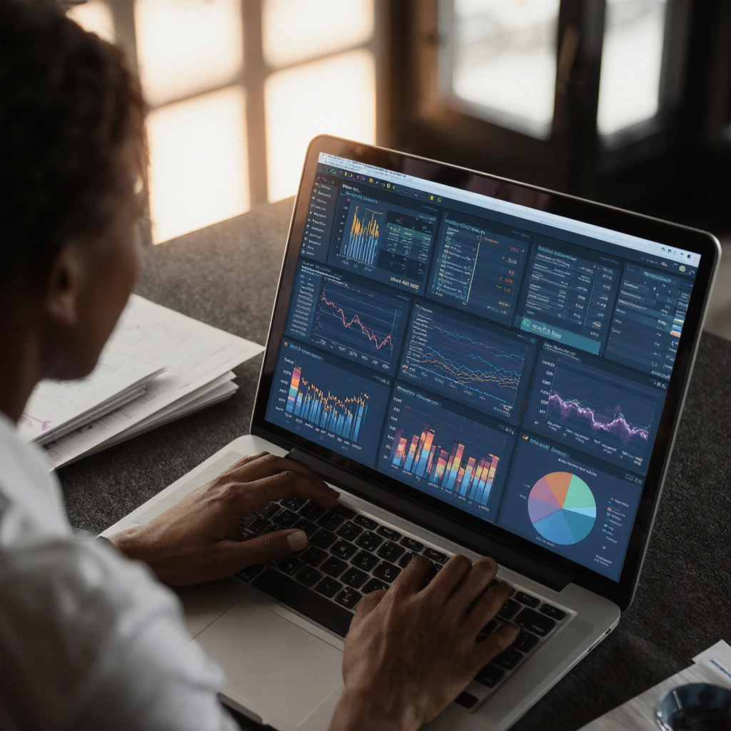 Professional reviewing interactive data and insights on a laptop, illustrating Webinars & Workshops.